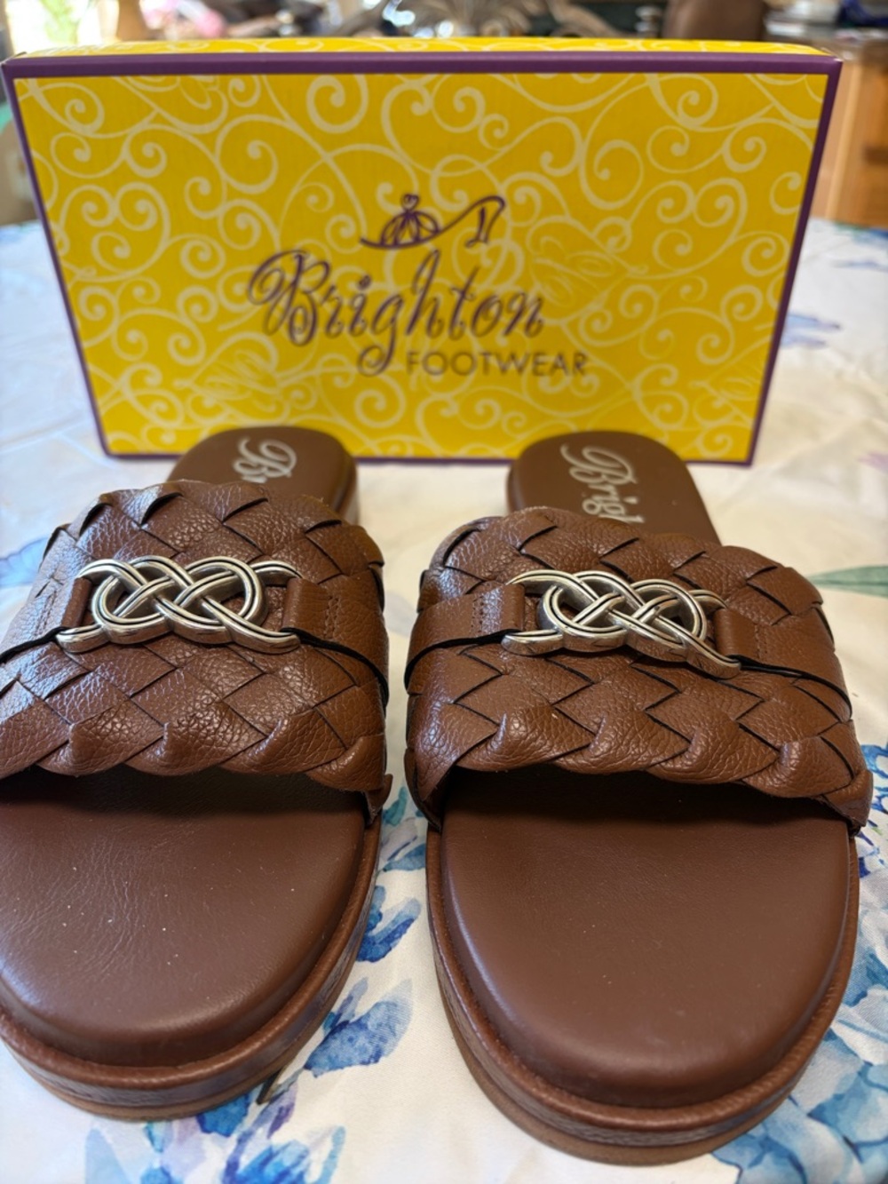 Brighton Brown Braided Slide Sandals with Silver Knot Accent